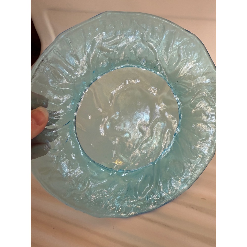 2 Vintage Aqua Blue Textured Glass Salad Dessert Plate Bark Pattern 8.25 Inch - Picture 4 of 6